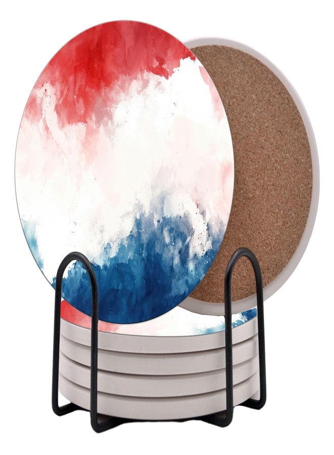 DAJDC Red White and Blue USA American Flag United States Round Coasters Set of 6 - Abosrbent Ceramic with Metal Stand for Drinks, Coffee, Non-Slip Cork Back - Image 1
